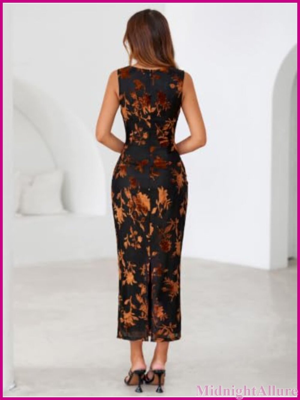 Velvet Burnout Floral Mesh Cowl Neck Maxi Dress Ruched Bodycon Back Slit - Picture 3 of 6